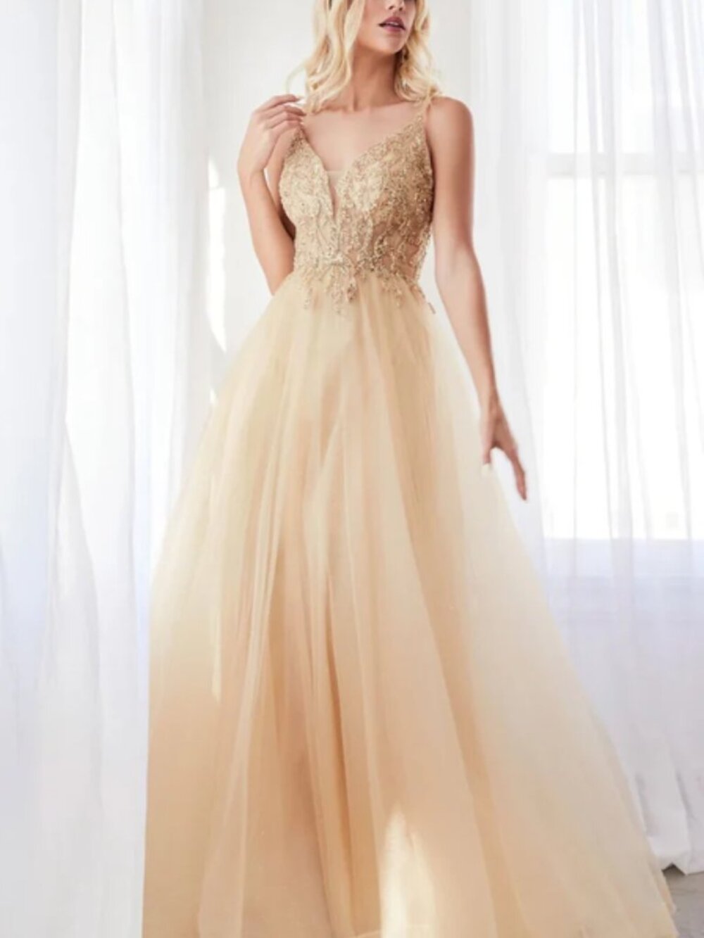 Blondie Nites by Stacy Sklar | Pale Gold Dress Sequined Bodice Tulle Skirt NWT